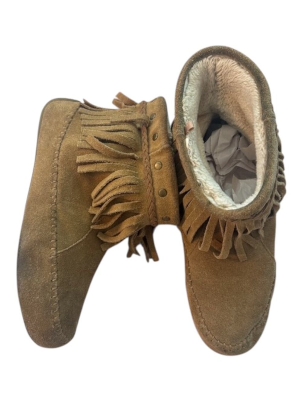 Lucky Brand Moccasin Ahbey Fringe Boots Women's Size 9 Tan Suede Booties